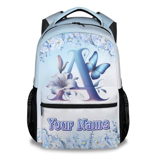 Backpack for Girls, Personalized Backpacks for Kids Women, Butterfly Bookbags Initial School Bag, 17 Inch Blue Monogram Bookbag for Primary Middle College