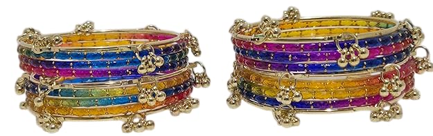 Image of NEW SURYA ENTRPRISES Kashmiri Ghangharoo Glass Bangle Set for Women|Light Weight Bangles|Traditional Transparent Fancy Glass Chudi Set Of 16(12 Glass + 4 ghungroo bangles)