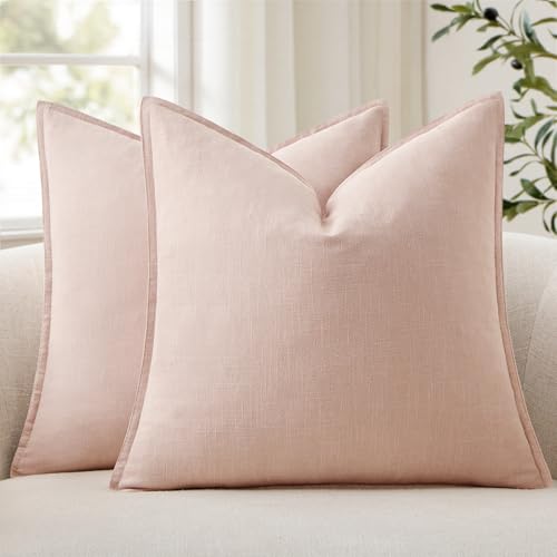 ANRODUO Pack of 2 Decorative Linen Pillow Covers Light Pink Neutral Farmhouse Boho Soild...