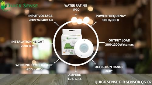 (QS-07) | 360° PIR Motion Sensor Switch with LUX Sensor | Ceiling Mount Auto On Off | Adjustable Delay Timer | Smart Lighting Control 220V – White (Pack of 2)