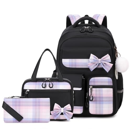 Amythe Schultasche Mädchen Set, Schulrucksack Mädchen 3 Teilig mit Lunchtasche Federmappe, Schulranzen für Mädchen der 3. bis 5. Klasse, Niedlicher Lässiger Kinderrucksack, Schwarz