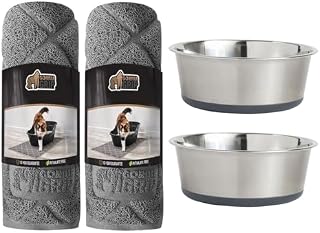 GORILLA GRIP The Original Cat Litter Box Trapping Mat 2 Pack and Stainless Steel Metal Dog Bowl, Cat Mat Size 24x17, Water Resistant, 4 Cup Bowl, Rubber Base, Both Color Gray, 2 Item Bundle