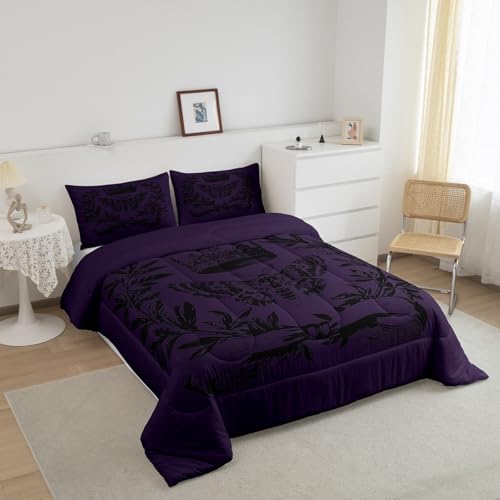 Image of Feelyou Kids Skull Set Twin Size, Black Purple Demask Bedding Set Vintage Demask for Boys Girls Floral Duvet Insert Bed Set 2Pcs
