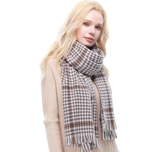RIIQIICHY Plaid Scarf for Women Fall Winter Pashmina Scarves Wraps for Cold Weather Warm Large White/Grey/Brown