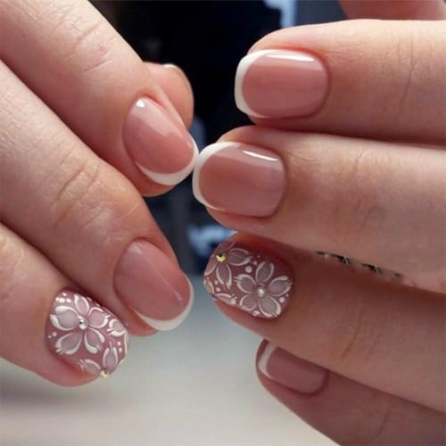 Image of Short Square Press on Nails White French Tip Fake Nails Flower Nail Press ons Glossy Full Cover Glue on Nails Reusable Artificial Acrylic Stick on Nail Nude False Nail for Women Manicure 24Pcs