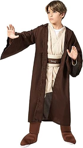 Cafele Jedi Costume Kids Tunic Jumpsuit Hooded And Shoes Outfit Halloween Cosplay Props (7-10Years), Brown #TOP2