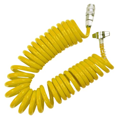 AUTOZOCO Tubo espiral compresor aire, Manguera neumática, Manguera en espiral, Manguera Compresor Aire, Presión de trabajo de 10 bar / 150 psi, 5 Metros extendido x 5 mm diámetro, Amarillo