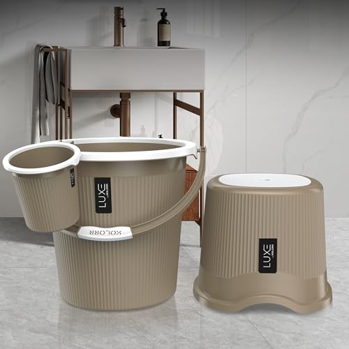Image of KOLORR Luxe Bathroom Set (Bucket 20L x 2) + (Mug 1.5L x 2) + (Luxe Patla x 1)|Sturdy and Durable |Lightweight| Easy to Clean and Attractive Design|Pack of 5| Ratan LT Brown