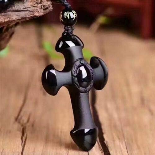 Crystal black Obsidian cross necklace Amulet pendant with adjustable bead chain for women or men - Image 4