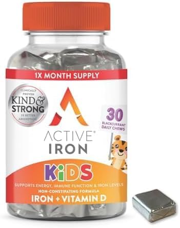 Active Iron Supplement 7 mg + Vitamin D for Kids – Increases Iron & Energy Levels – Gentle, Non-Constipating Blackcurrant Chews – Highly Absorbed – Supports Growth & Immune Health – 30 Chews