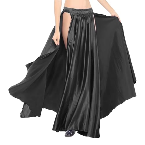 MUNAFIE Langer Rock mit Schlitz Bauchtanz Rock Satin Röcke für Damen Bauchtanz Kostüm Schwarzs