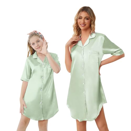 Image of Schbbbta Girls & Women Silk Nightgown, Short Sleeve Button Down Satin Nightshirt Pajama House Dress, 3 Years- Women 2XL