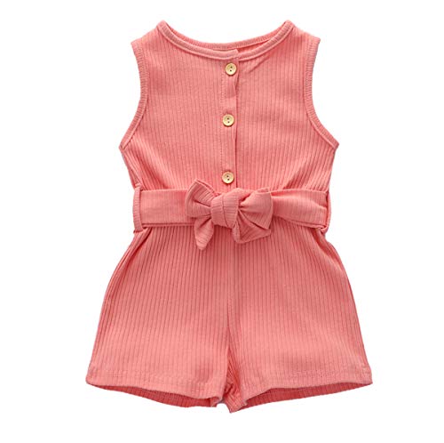 YOUNGER STAR Toddler Baby Boy Girls Bowknot Belt Romper Bodysuit Ruffled Sleeveless Jumpsuit (12-18 Months, Pink Ribbed Cotton)