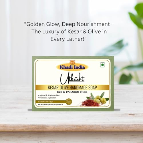 Image of Khadi Kesar Olive Handmade Bathing Soap Bar 125g (Pack of 5) | Natural & Herbal | Hydrating, Glowing & Brightening Skin | For Even Skin Tone | All Skin Types | For Men & Women