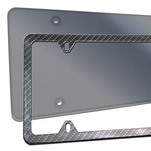 Bggtmo License Plate Cover Frame- Smoked Tinted Flat Plate Shield & Carbon Fiber Black Aluminum Metal Car Tag Holder, Rustproof Unbreakable Protector With Mount Screws Caps, 1 Set For Front Or Rear #TOP7