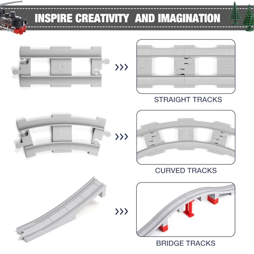 34 pieces train bridge track classic railway track with 12 curved tracks 12 straight tracks and bridge tracks - compatible with all major brands toy track accessory for kid light grey
