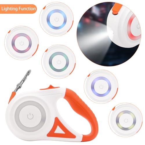 MoYouno 5 m Einziehbare Hundeleine, Strapazierfähig, Automatisch Ausziehbar, Für Kleine, Mittelgroße und Große Hunderassen bis zu 5 m 30 kg, Ausziehbare Hundeleine mit LED-Lichtern (Orange)
