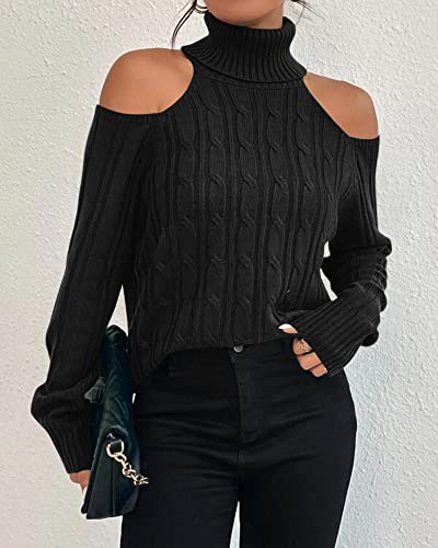 Langwyqu Womens Cold Shoulder Turtleneck Sweaters 2025 Fall Long Sleeve Soft Cable Knit Pullovers Sexy Jumper Tops2