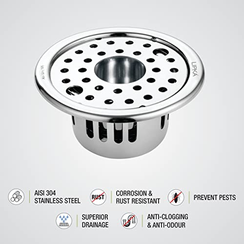 Image of LIPKA Round Floor Drain |304-Grade Stainless Steel |5 Inches| with Cockroach Trap /Jali, Lock & Hole|