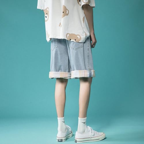 Calça Jeans Xadrez Com Punhos, Namorado, Namorada, Bainha Solta, Calça Jeans Curta, Bolsos Azuis Cla