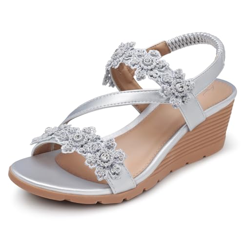 Image of SHIBEVER Wedge Sandals for Women Dressy: Summer Open Toe Low Platform Wedges Sandals Elastic Ankle Strap Flower Comfortable Casual Shoes