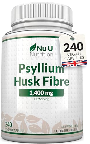 Complemento De Fibra De Cáscara De Psilio - 1400 Mg Por Porción - 240 Cápsulas Veganas - Fibra Prebiótica Soluble Natural De Semillas De Plantago Ovata - Fabricado En Europa - Nu U Nutrition