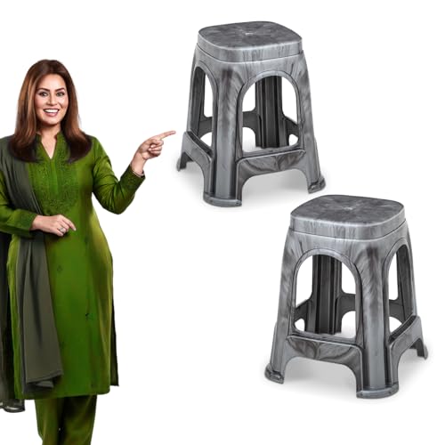 Image of MAHARAJA Strong & Durable Stool | Modern Beige Polypropylene Stackable Stool | Set of 2, Pre-Assembled (Silver, Pack of 2)