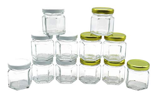 Image of Cute Hexagonal 50 Grams Airtight Glass Jar Containers for Honey, Spices & Other Kitchen Items with Rust Proof Gold & White Color Caps -Set of 12