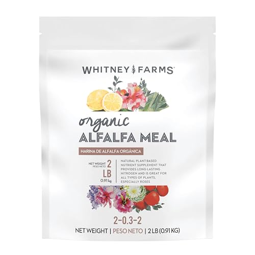 Whitney Farms Organic Alfalfa Meal 2-0.3.2 - Slow-Release Nitrogen Fertilizer and Soil Enhancer for Vegetables Flowers Roses Herbs and Shrubs 2 lb.