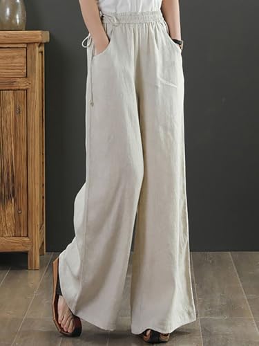 Image of KOTTY Women's Crumble Fabric High Waist Solid Color Drawstring Wide Leg Trousers Loose with Pockets