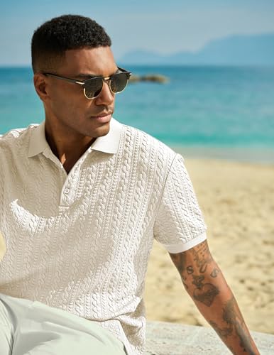 Image of JMIERR Men's Casual Polo Shirt Knitted Textured Short Sleeve Stretch Golf Shirt Summer Vacation Beach Collared Shirts