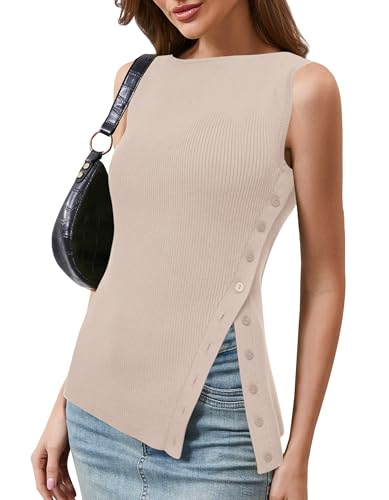 Image of OLAPTA Women Asymmetrical Button Down Side Split Sleeveless Tank Tops Boat Neck Slim Fit Summer Casual Side Button Knit Vest