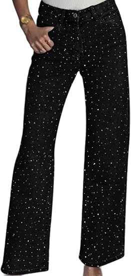 Womens Rhinestone Jeans Y2K Vintage Wash Sparkling Baggy Straight Leg Denim Pants