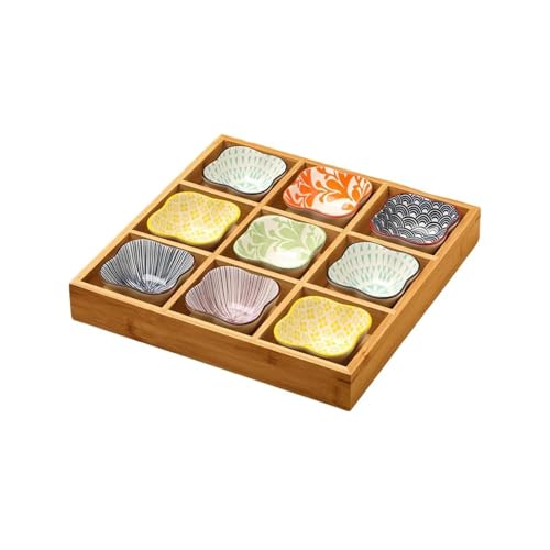 お皿 小皿セット和風 小皿セット 竹トレイ 陶器 前菜皿 盛り鉢 深型 仕切り付き 天然木 9点セット小鉢 醤油皿 前菜皿 盛り鉢 和食器 セラミック アイスクリーム ソース皿 火鍋 焼肉屋 寿司屋 食洗機 A
