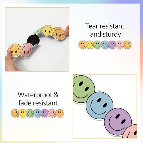 Image of Whaline 24 Pcs Boho Happy Face Magnetic Bulletin Board Border Colorful Smile Face Magnetic Strips Border Trim for Back to School Office Classroom Decor