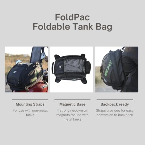 Image of SOLACE Foldpac Magnetic Tank Bag for Motorcycle, 1680 Denier Polyester, 20-24 Litre, Convertible Backpack with Rainproof Cover