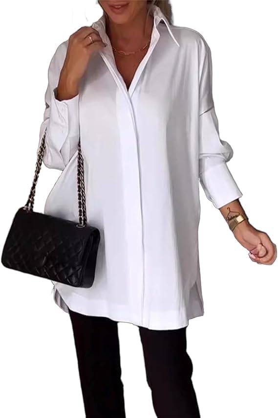 White Lapel Slit Shirt Women, White Satin Button Down Shirts for Women, White Lapel Slit Shirt