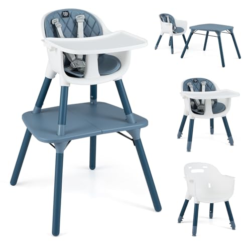 Image of BABY JOY High Chair, 5 in 1 Convertible Highchair for Babies & Toddlers | Booster Seat | Table and Chair Set | Infant Feeding Chair with Removable Tray, Safety Harness, Removable Cushion (Blue)