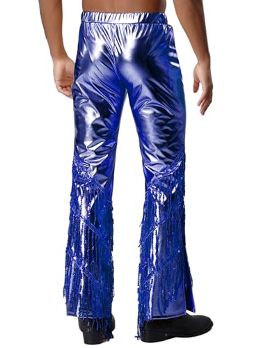 Mufeng Mens 70s Disco Metallic Shiny Long Pants Slit Bell Bottom Tiered Sequined Tassel Trousers for Raves2