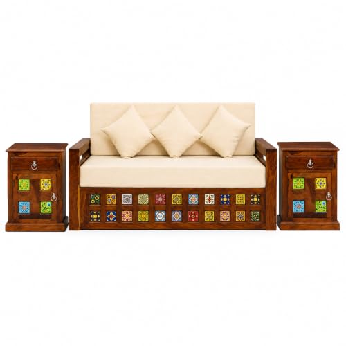 Image of SONA ART & CRAFTS Tile Sheesham Wood 3 Seater Sofa Cum Bed with Bedside | Wooden 3 Seater Sofa for Living Room Wooden Furniture Sofa Bed for Home (Natural Finish)