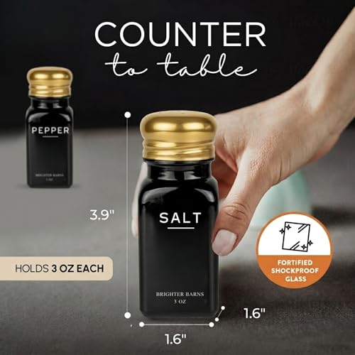 Image of Luxury Salt and Pepper Shakers Set by Brighter Barns - Black and Gold Kitchen Decor and Accessories - Modern Salt Shaker with Stainless Steel Lids for Contemporary Home, Restaurant, Gifts (Black /Gold)