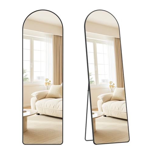 SONGMICS Espejo de Cuerpo Entero, 150 x 40 cm, Espejo de Pie Arqueado con Soporte, con Marco de Aleación de Aluminio, Cristal Templado, para Dormitorio, Salón, Vestuario, Negro Tinta LFM055BD01