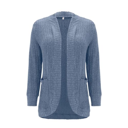 Cardigã feminino de manga comprida e frente aberta, suéter drapeado de tricô grosso, Azul, P