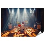 islandburner XXL Bild Poster Bühnenlicht auf Schlagzeug und Gitarren für Wohnzimmer Musikliebhaber Musikgeschäft Premium Bilder Fotodruck