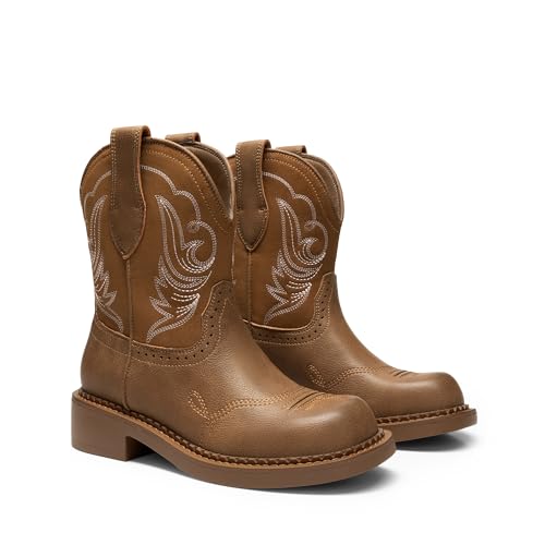 DREAM PAIRS Cowboy Cowgirl Boots for Women, Round Toe Embroidered Mid Calf Western Boots for Work, Country Concerts, Rodeos, Casual Outings,Size 8,Tan,DWUMMB2509