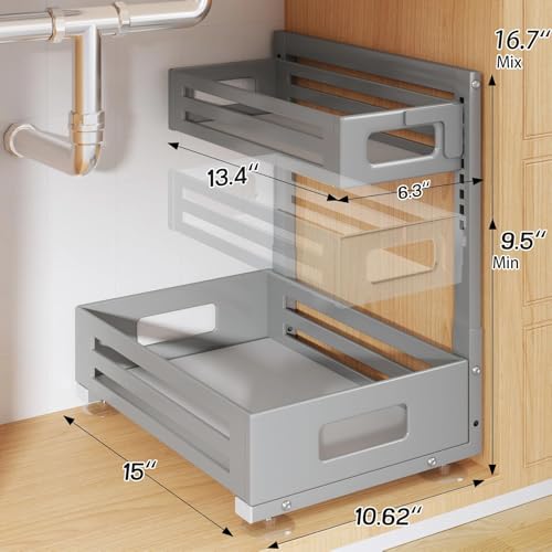 Image of 2 Pack Under Sink Organizer,Pull Out Cabinet Organizer With Smooth Cylindrical Rail,Metal Slide Out Drawer for Kitchen Bathroom Laundry Cabinet,8-Level Tool Free Height Adjustable-Gun Gray