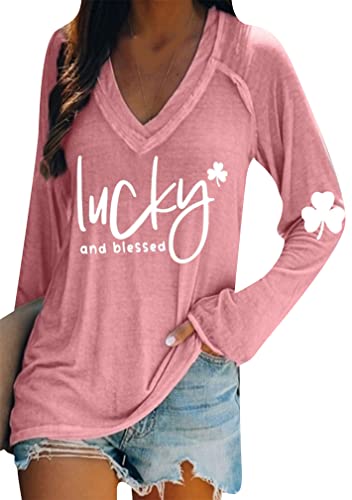Image of BOFETA Women St Patricks Day Sweatshirts Loose Long Sleeve Shirts Green Shamrock Print Blouse Flowy Color Block Pullover Tops