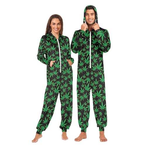 JHKKU Adult Onesie Marijuana Weed Leaf Costume Pajamas Unisex One Piece Cosplay Sleepwear Homewear for Women Men XXL