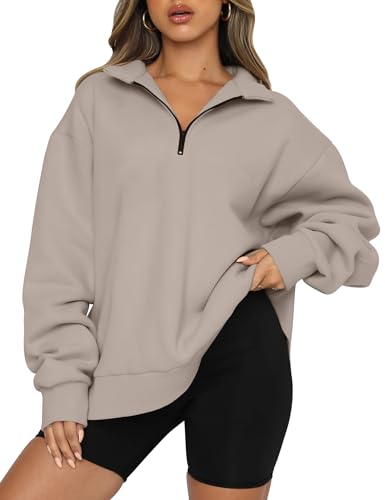 Trendy Queen Women's Oversized Half Zip Fleece Sweatshirts-Cozy Pullover, Drop Shoulder for Fall Winter CoffeeGrey L