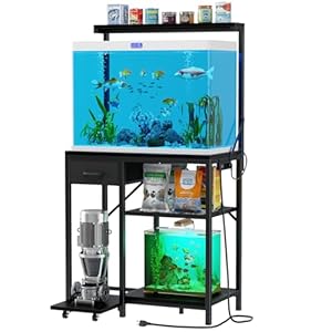 Large Aquarium Stand with Power Outlet, Tall 4 Tiers Fish Tank Stand with Storage Drawer, 400LBS Capacity Terrarium Stand with 4 Wheels, Reptile Tank for Accessories Storage, Black